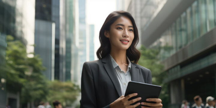 Portrait of a smiling asian businesswoman holding tablet computer standing on the outdoor street front of business office building