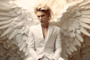 Fotobehang made white backlit floating wings feather woman angel blonde beautiful man fashion editorial cream suit wing background model male sitting heaven pale guy boy person serious shoot attaching © sandra