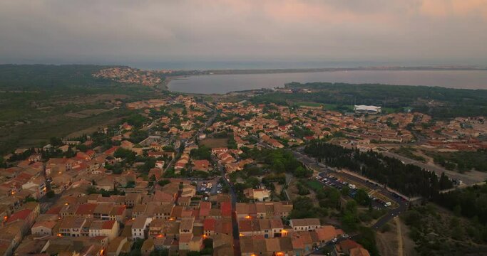 Flying a drone over the rooftops of a small tourist town in the south of France on the Mediterranean Sea of Leucate