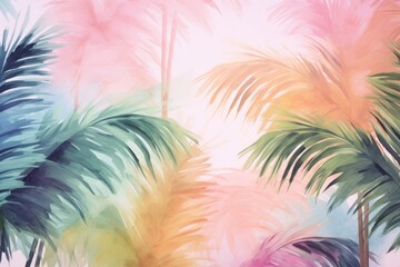 Fototapeta na wymiar Tropical plants and palm trees, for texture background photo wallpaper. Pastel colors. Wallpaper pattern painted in watercolor. Generative AI