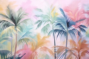 Tropical plants and palm trees, for texture background photo wallpaper. Pastel colors. Wallpaper pattern painted in watercolor. Generative AI - obrazy, fototapety, plakaty