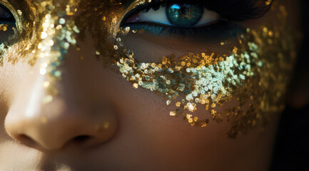 close up view of a beautiful model with gold glitter on her face