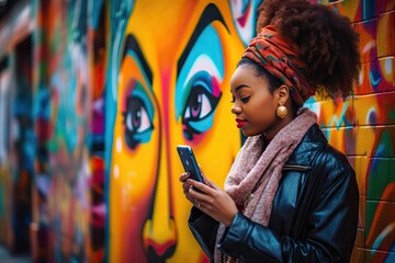 | Alley Graffiti Smartphone Woman Black Young holiday maker tour tourism summer spring  people verse multicultural together photograph photo phone mobile device happy happiness joy - obrazy, fototapety, plakaty