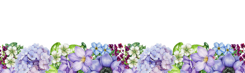 Garden flowers seamless border floral decor. Watercolor illustration. Spring garden flowers, green leaves seamless border decor element. Anemone, freesia, hydrangea decoration. White background