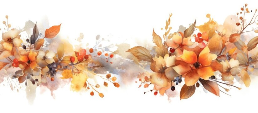 Abstract autumn banner, hand drawn watercolor with flowers