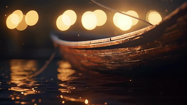 Closeup of a single rowboat tied to a mooring, its wooden hull reflecting the moonlight in a mesmerizing pattern.