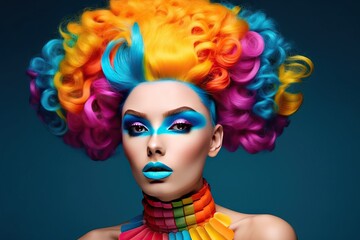 image makeup bright hair colorful woman colourful makeup fashion coiffure 1 person multi coloured beauty human face wig adult yellow portrait caucasian ethnicity young model female elegance