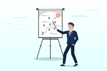 Smart businessman presenting business strategy on whiteboard, business strategy planning, marketing tactic or winning strategy to achieve target, project blocker and solution to be success (Vector)