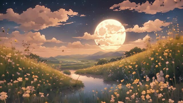 moon rises above horizon, Moonlit Meadow comes life. subject stands amidst wildflowers, their delicate petals shimmering pale moonlight. distant sound crickets subjects 2d animation