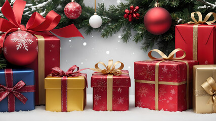 Fototapeta na wymiar Christmas atmosphere, Christmas ornaments and gifts, snow crystal