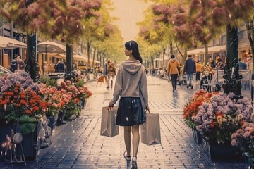 image flowers bags shopping carrying street walking woman bag outdoors lifestyle adult nature flower retail 1 person man caucasian ethnicity summer city life young client leisure activity - obrazy, fototapety, plakaty