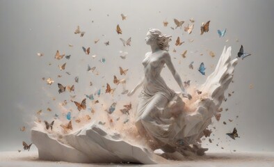 sculpture made of marble in a butterflies shape realistic full body zoomed dust explosion