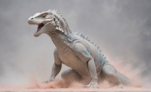 sculpture made of marble in a comodo dragon shape realistic full body zoomed dust explosion
