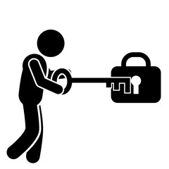 vector illustration of stick man, stick figure, pictogram opening a lock, opening a padlock