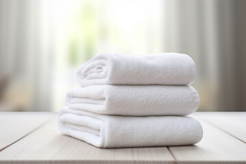 a stack of fluffy white towels folded on a white table in the room. - obrazy, fototapety, plakaty