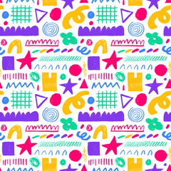 Fototapeta na wymiar Abstract doodle seamless pattern with charcoal rough shapes. Geometric colorful shapes, rough lines.