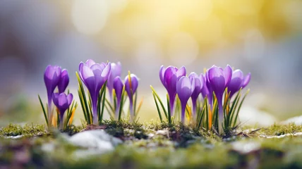 Deurstickers Crocus flowers emerge from the snow in early spring © FATHOM