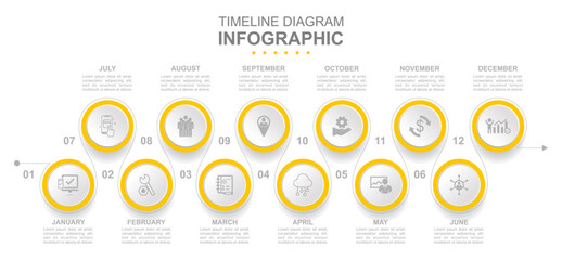 Infographic business template. Timeline with 12 steps, options and marketing icons. Vector linear infographic with six circle conected elements Concept presentation.