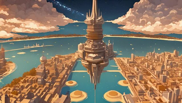 view from space elevator nothing short breathtaking. elevator ascends, landscape below transforms from urban sprawl Earth endless depths space. itself, glistening spires 2d animation