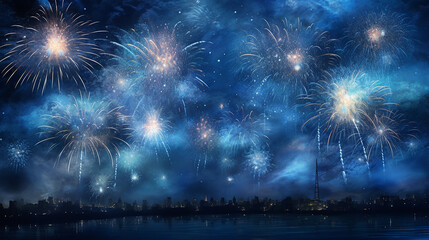 Bursts of Sapphire and Cobalt Blue Fireworks in the Night Sky