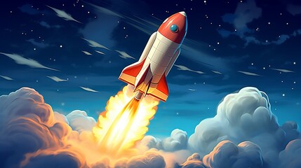 Cartoon rocket flying in the sky. Vector illustration in flat style GENERATE AI