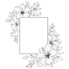 Elegant floral frame with outline hand drawn hibiscus flowers and leaves