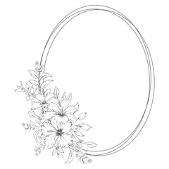 Elegant floral circle frame with outline hand drawn hibiscus flowers and leaves