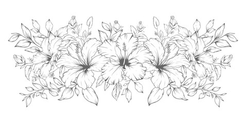 Hand drawn floral outline hibiscus flowers and leaves bouquet © mchlabs