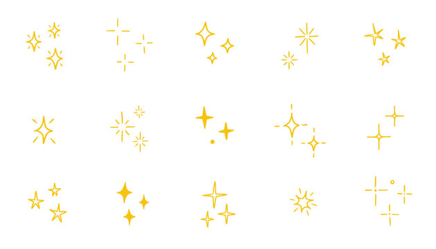 Hand drawn gold star sparkle shine of doodle set. Yellow star shine twinkle glow, spark glitter, magic party light vector illustration. Hand drawn sketch doodle style line sparkle elements