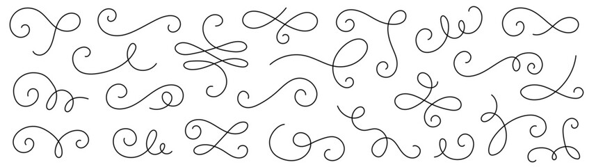 Line flourish swirl vector calligraphy ornament elements. Fancy line flourish text typography accent, filigree modern curve ornament. Curl elegant vintage simple design elements. Vector illustration © Polina Tomtosova