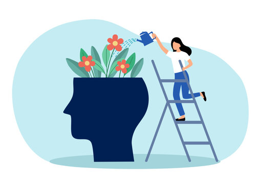 Mental health. Healthy mentality. Keep balance between work and personal life. Woman watering flowers in head.