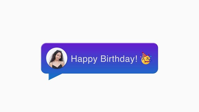 A friend greeting happy birthday on social media via dm direct message, chat, sms or messenger. With avatar or profile photo and chatbox.
