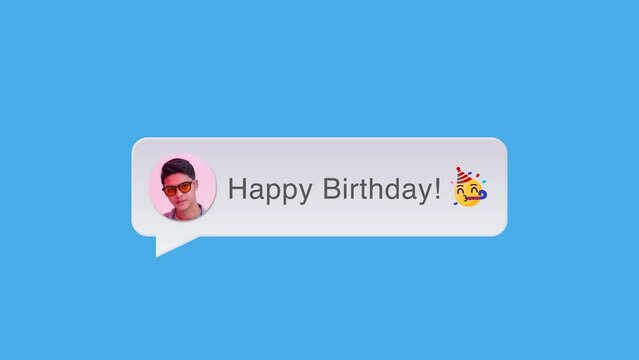 A friend greeting happy birthday on social media via dm direct message, chat, sms or messenger. With avatar or profile photo and chatbox.
