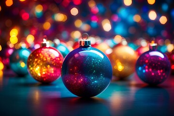 Colorful Christmas balls on bokeh background. Christmas and New Year concept. Glowing Christmas lights with bokeh effects.