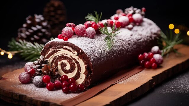 Chocolate yule log christmas cake with red currant on wooden background. Christmas day. New Year's Day Horizontal video.