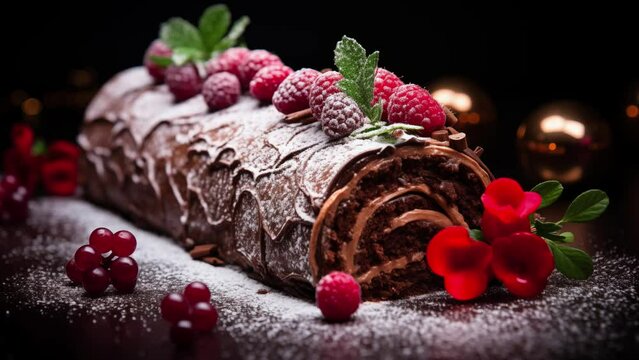 Chocolate yule log christmas cake with red currant on wooden background. Christmas day. New Year's Day Horizontal video.