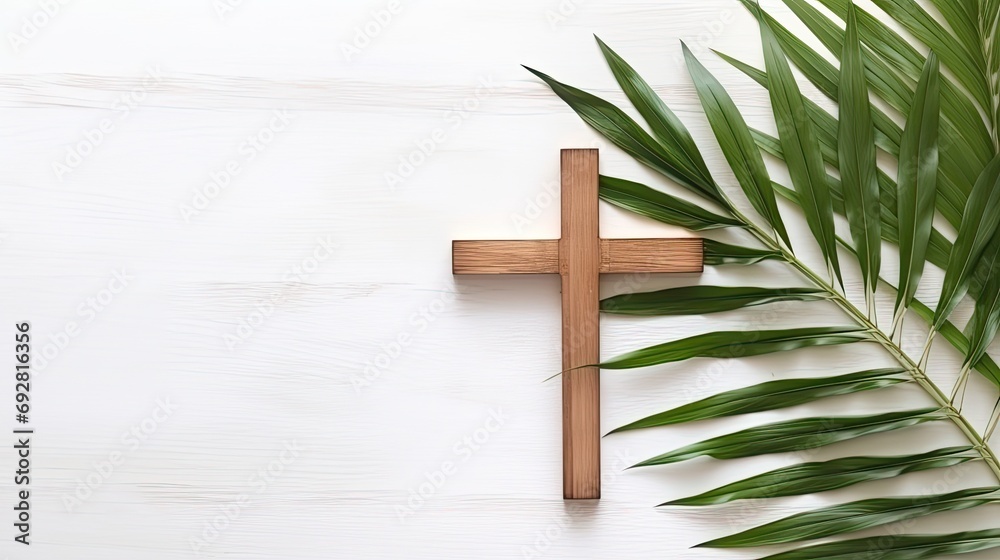 Wall mural Palm sunday and easter day for welcome Jesus King to Jerusalem before Easter day. Hand Hold palm leave on white background easter sign symbol concept, World Environment Day Green coconut leaves