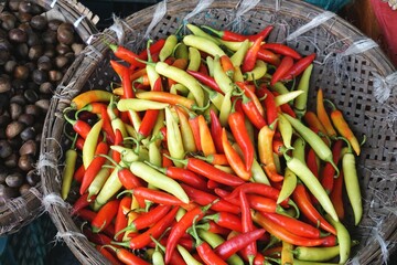 Vintage basket filled with colorful hot chili peppers for sale at a Southeast Asian market