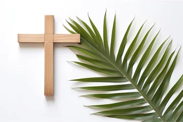 Poster Palm sunday and easter day for welcome Jesus King to Jerusalem before Easter day. Hand Hold palm leave on white background easter sign symbol concept, World Environment Day Green coconut leaves © Art Stocker