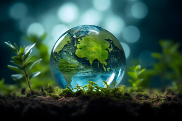 earth in the grass, green planet earth, renewable energy light bulb with green energy, Earth Day or...