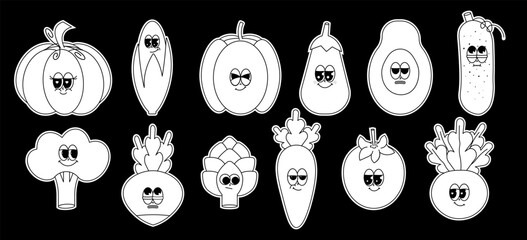 Retro groovy cartoon characters vegetables labels. Vintage funny mascot Tomato, carrot and more stickers with psychedelic smile and emotion. Black, white colors. Cute comic vector illustration