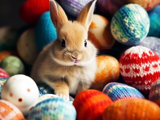 Fototapeta na wymiar Easter bunny living surrounded by colorful easter eggs knitting balls, Happy Easter background concept. 