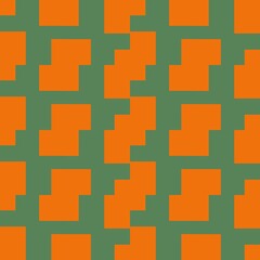 seamless pattern of squares and rectangles creating a maze like pattern in orange and green colours