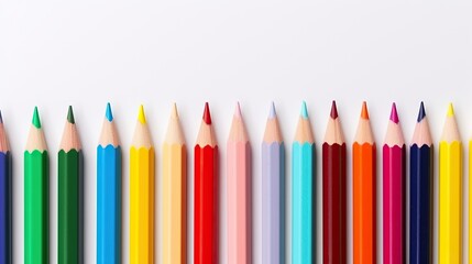 Crayons - colored pencil set loosely arranged on white background. colored pencils are not arranged exactly in a row.