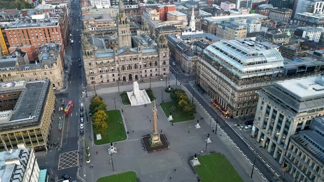 Establishing Aerial View Shot of Glasgow UK, Lanarkshire, Renfrewshire, Scotland United Kingdom, day, beautiful soft light. Aerial - Glasgow City from above. 