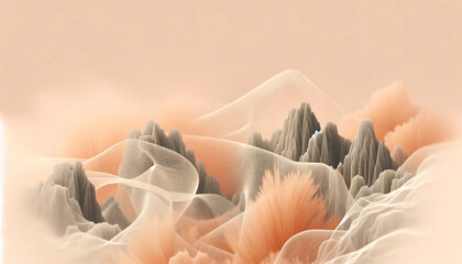 Pantone 2024 Peach Fuzz, color of the year header, Abstract Landscape with Fabric Waves and Pantone Swatch