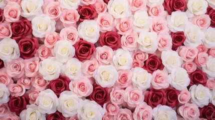 Selbstklebende Fototapete Dämmerung Natural fresh red pink and white roses flowers pattern wallpaper. top view, Red rose flower wall background.