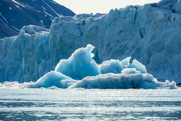 Recently calved from the Monacobreen Glacier in Liefde Fjord, iceberg floating in the arctic ocean...