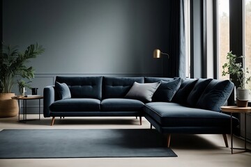 A sleek, midnight blue sofa and recliner chair sit in the center of a minimalist Scandinavian apartment, surrounded by clean lines and natural light.