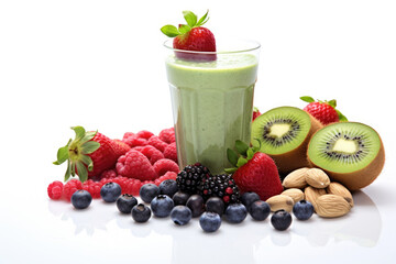 Healthy fitness food - fresh berries, nuts and a protein shake on a white background